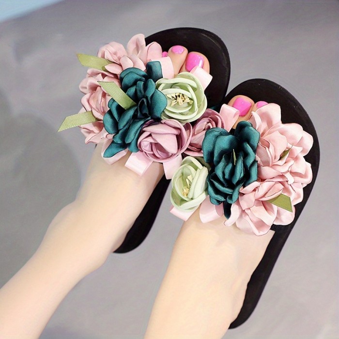 Women's Satin Flowers Flat Slippers, Fashion & Lightweight Open Toe Anti-skid Beach Slides, Casual Summer Slippers