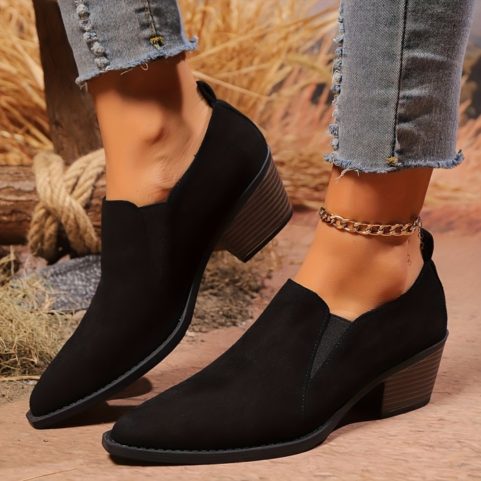 Women's Solid Color Chunky Heels, Vintage Pointed Toe Deep Mouth Shoes, Women's Comfortable Shoes
