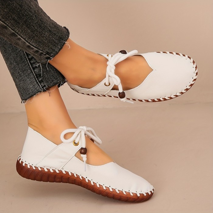Comfortable White & Black Lace-Up Mary Jane Shoes - Soft Cover, Versatile Rubber Sole, Elegant Nurse Work Flats, All-Season Ladies Shoes