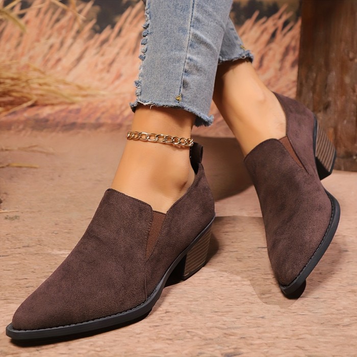 Women's Solid Color Chunky Heels, Vintage Pointed Toe Deep Mouth Shoes, Women's Comfortable Shoes