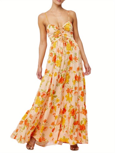 Women'S Long Beach Dress Sleeveless Spaghetti Strap Cross Tie-up Front Floral Print Dress Midi Slip Dress