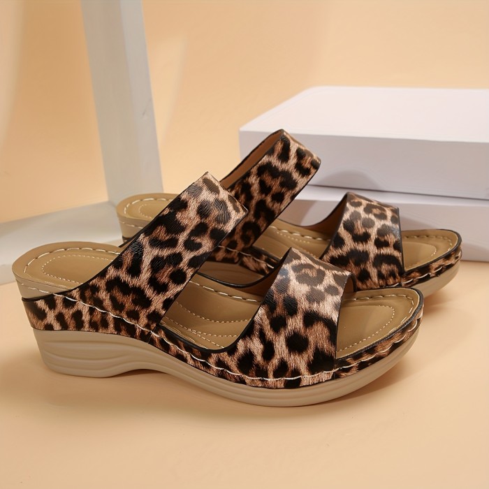 Stylish Women's Leopard Print Slide Sandals with Thick Sole - Casual Open Toe, Mid-Height Wedge, Easy Slip-On, PU Cover Summer Shoes, Ladies Sandals