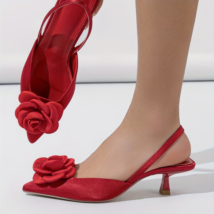Women's Fashionable, Elegant and Comfortable Pointed Red Charm Three-dimensional Flower Simple Night Wedding High Heel Single Shoes