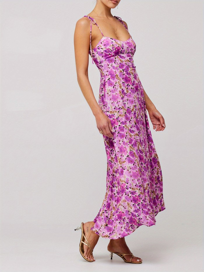 Women'S Long Beach Dress Sleeveless Spaghetti Strap Cross Tie-up Front Floral Print Dress Midi Slip Dress