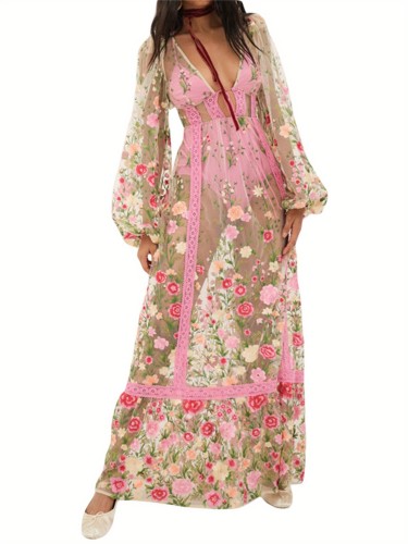 Women'S Summer Long Beach Dress Long Sleeve V Neck Backless Floral Bikini Cover Up