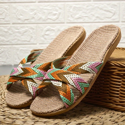 Comfortable Striped Linen Slippers - Women's Summer Fashion Indoor\u002FOutdoor Flats with EVA Sole, 515
