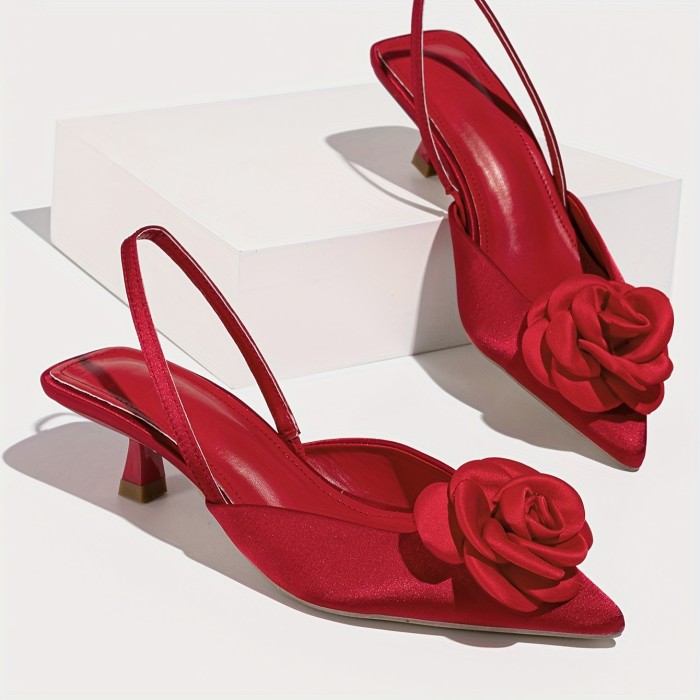 Women's Fashionable, Elegant and Comfortable Pointed Red Charm Three-dimensional Flower Simple Night Wedding High Heel Single Shoes