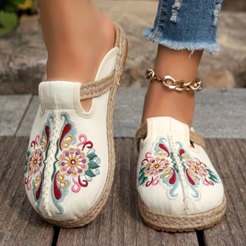 Boho-Chic Embroidered Floral Espadrille Flats For Women - Breathable, Slip-On Casual Shoes With Ankle Strap