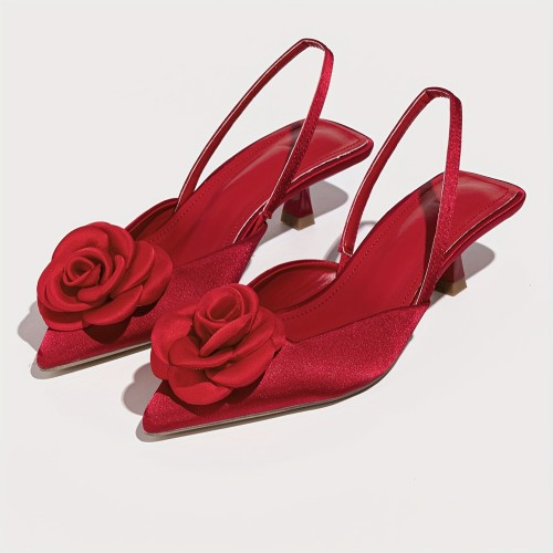 Women's Fashionable, Elegant and Comfortable Pointed Red Charm Three-dimensional Flower Simple Night Wedding High Heel Single Shoes