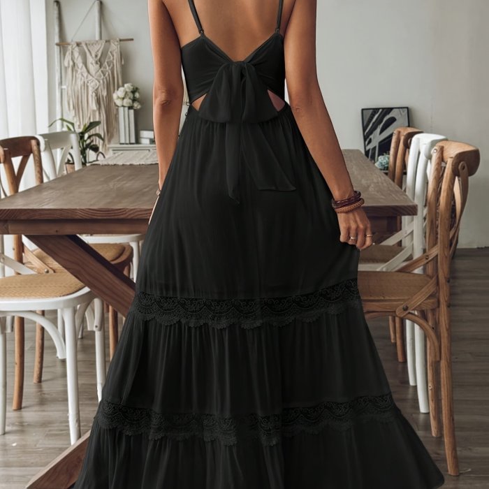 Lace Patchwork Dress with Lace Patchwork | Flared Hem | Thin Shoulder Straps | Back Tie