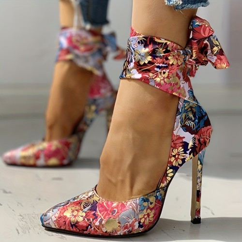 Fashion Floral Printed Satin Stiletto Sandals - Women's Pointed Toe Lace Up D'Orsay High Heels - Party & Dress Pumps