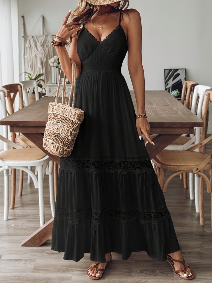 Lace Patchwork Dress with Lace Patchwork | Flared Hem | Thin Shoulder Straps | Back Tie