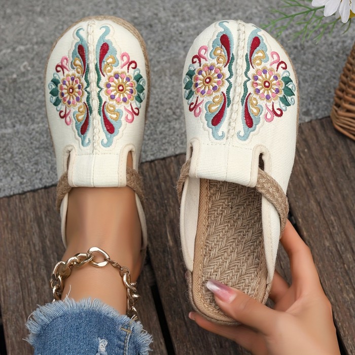 Boho-Chic Embroidered Floral Espadrille Flats For Women - Breathable, Slip-On Casual Shoes With Ankle Strap