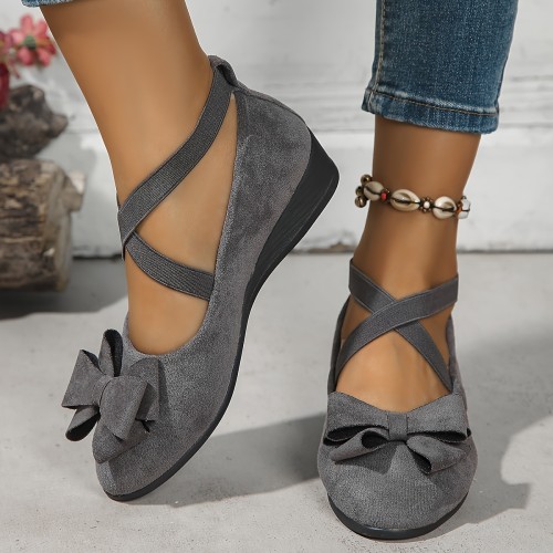 Ballet Flat Shoes With Bowknot, Crisscross Elastic Band Lightweight Dressy Shoes, Comfort Wedge Daily Footwear