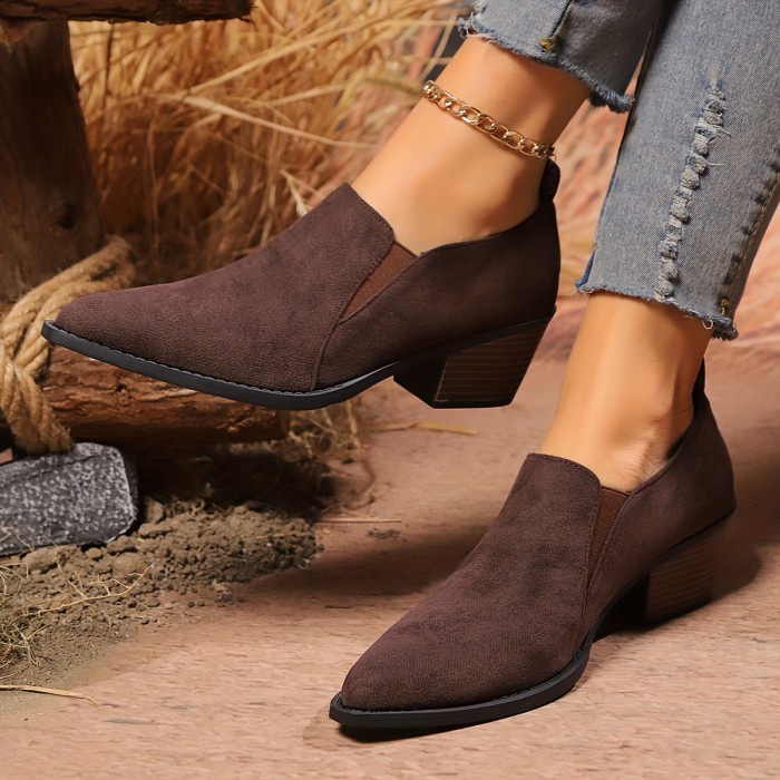 Women's Solid Color Chunky Heels, Vintage Pointed Toe Deep Mouth Shoes, Women's Comfortable Shoes