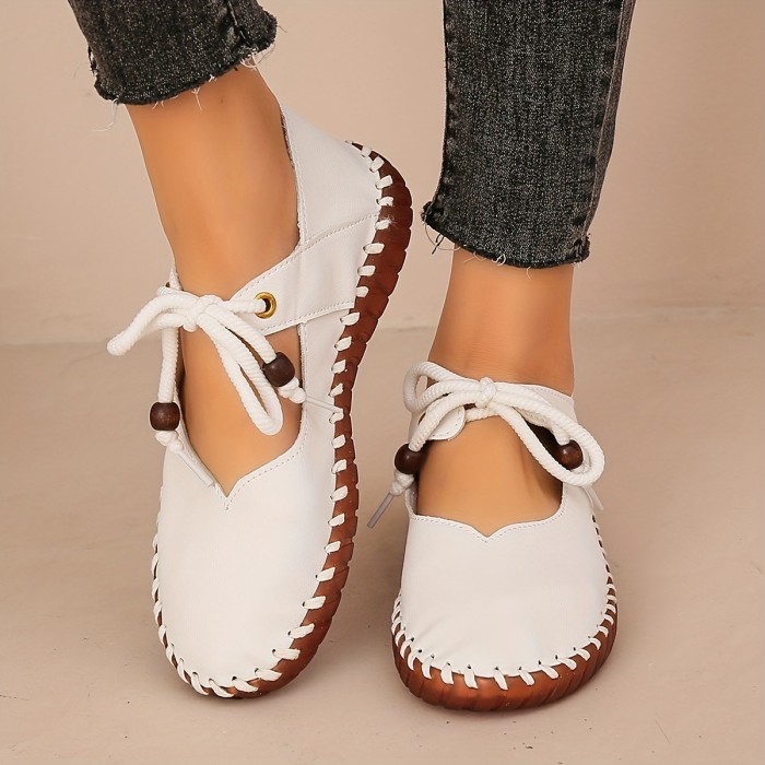 Comfortable White & Black Lace-Up Mary Jane Shoes - Soft Cover, Versatile Rubber Sole, Elegant Nurse Work Flats, All-Season Ladies Shoes