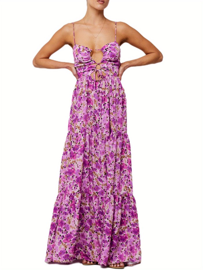 Women'S Long Beach Dress Sleeveless Spaghetti Strap Cross Tie-up Front Floral Print Dress Midi Slip Dress