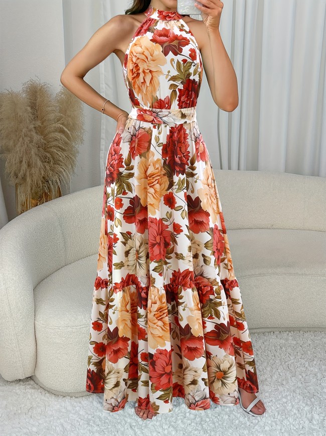 Women's Floral A-Line Dress - Casual, Sleeveless, Long Length, Soft Polyester Blend for Spring\u002FSummer\u002FFall