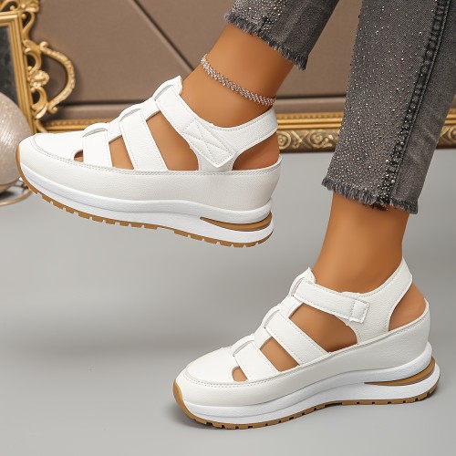 Comfortable 1 Pair Women's Fashion Sandals, Solid Color Round Toe Platform Heel Casual Sports Shoes with Hook-and-Loop Fastener, Man-Made Upper & Lining, Rubber Sole, EVA Insole