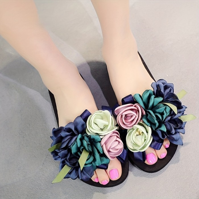 Women's Satin Flowers Flat Slippers, Fashion & Lightweight Open Toe Anti-skid Beach Slides, Casual Summer Slippers