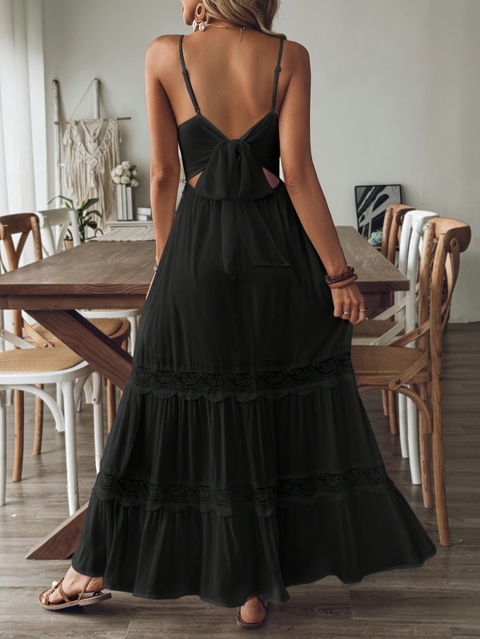 Lace Patchwork Dress with Lace Patchwork | Flared Hem | Thin Shoulder Straps | Back Tie