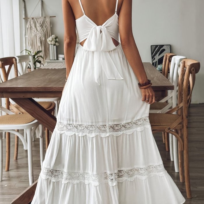 Lace Patchwork Dress with Lace Patchwork | Flared Hem | Thin Shoulder Straps | Back Tie