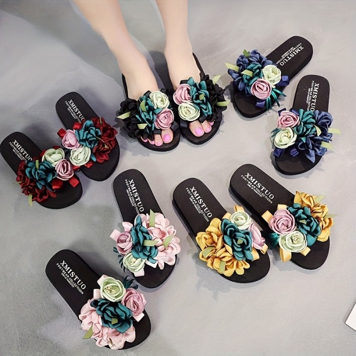 Women's Satin Flowers Flat Slippers, Fashion & Lightweight Open Toe Anti-skid Beach Slides, Casual Summer Slippers
