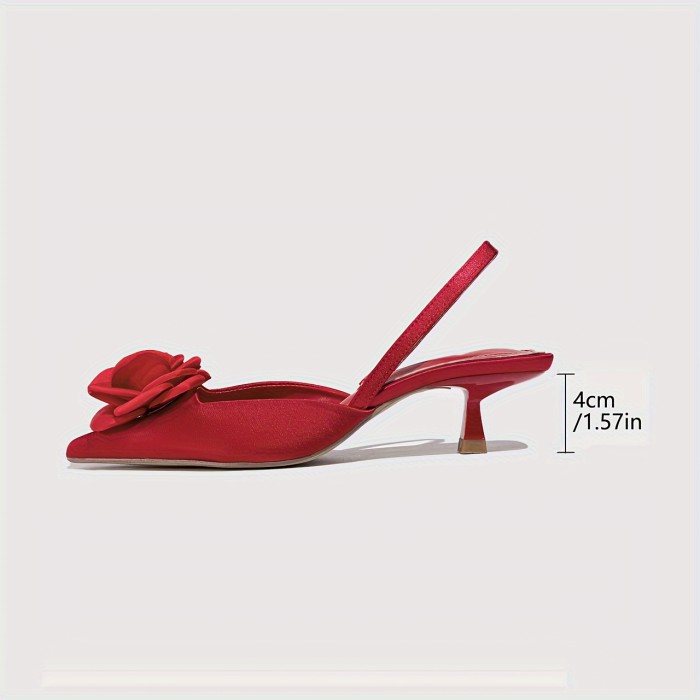 Women's Fashionable, Elegant and Comfortable Pointed Red Charm Three-dimensional Flower Simple Night Wedding High Heel Single Shoes
