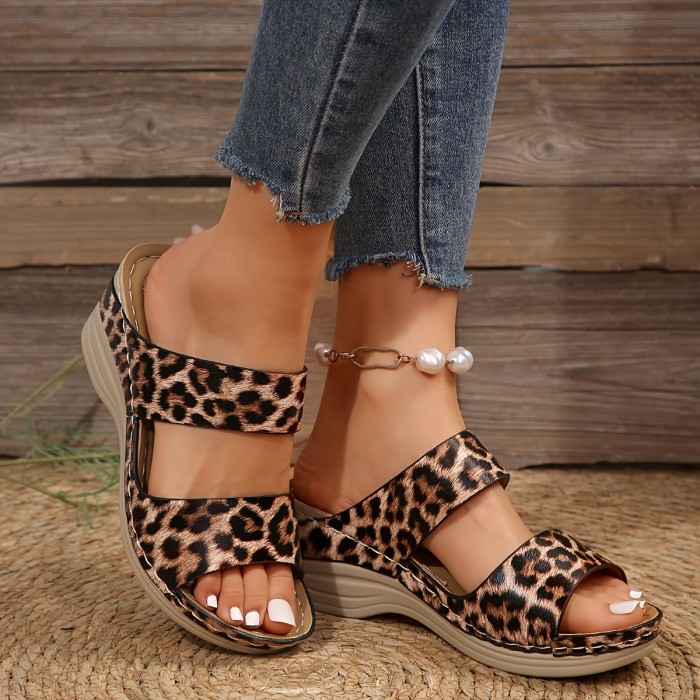 Stylish Women's Leopard Print Slide Sandals with Thick Sole - Casual Open Toe, Mid-Height Wedge, Easy Slip-On, PU Cover Summer Shoes, Ladies Sandals
