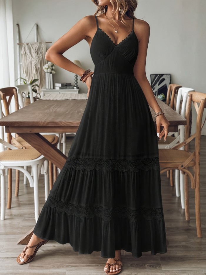 Lace Patchwork Dress with Lace Patchwork | Flared Hem | Thin Shoulder Straps | Back Tie
