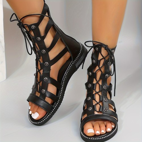 Women's Cutout Design Flat Sandals, Casual Open Toe Lace Up Sandals, Comfortable Back Zipper Summer Sandals