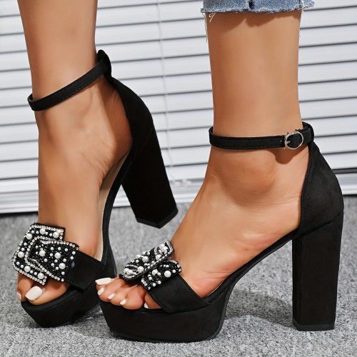 2025 Women'S New Stylish And Comfortable Round-Toe Open-Toe Rhinestone Faux Pearl Embellished Ultra-High-Heeled Summer Outdoor Casual Sandals.