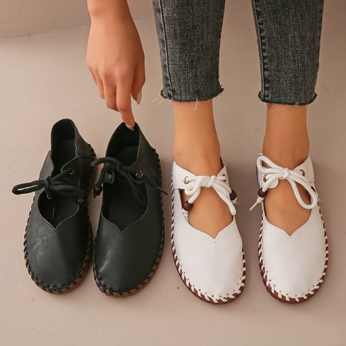 Comfortable White & Black Lace-Up Mary Jane Shoes - Soft Cover, Versatile Rubber Sole, Elegant Nurse Work Flats, All-Season Ladies Shoes