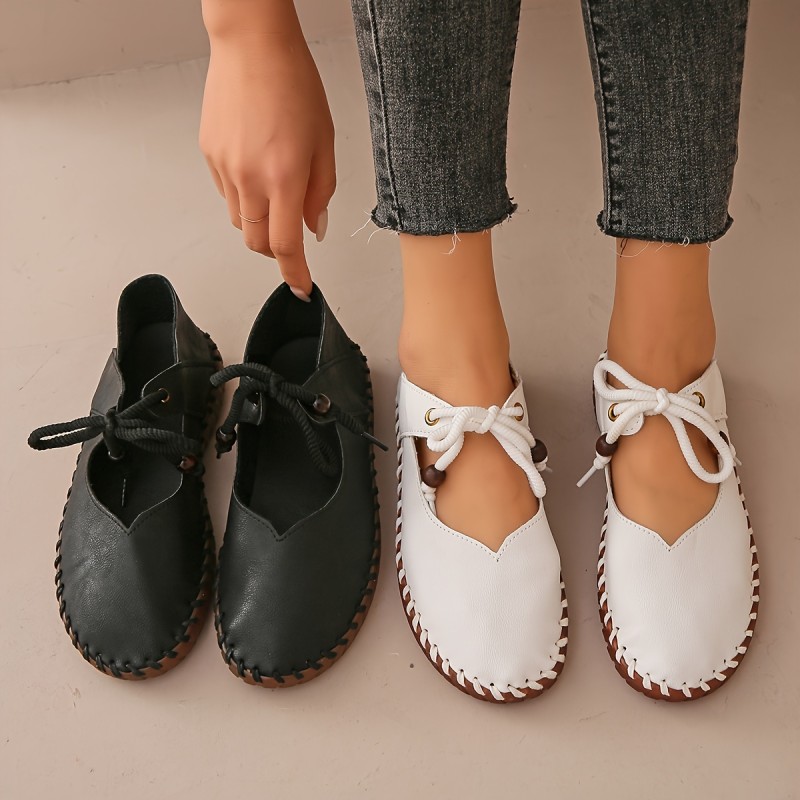 Comfortable White & Black Lace-Up Mary Jane Shoes - Soft Cover, Versatile Rubber Sole, Elegant Nurse Work Flats, All-Season Ladies Shoes