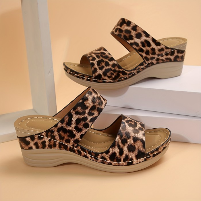 Stylish Women's Leopard Print Slide Sandals with Thick Sole - Casual Open Toe, Mid-Height Wedge, Easy Slip-On, PU Cover Summer Shoes, Ladies Sandals