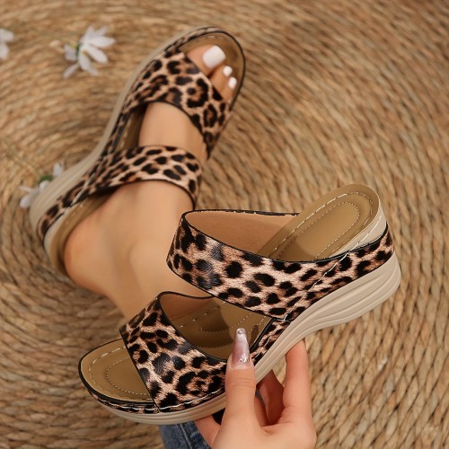 Stylish Women's Leopard Print Slide Sandals with Thick Sole - Casual Open Toe, Mid-Height Wedge, Easy Slip-On, PU Cover Summer Shoes, Ladies Sandals