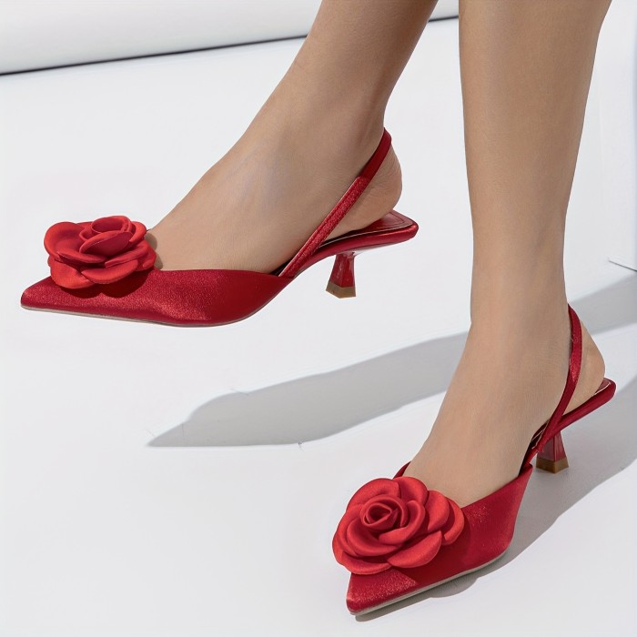 Women's Fashionable, Elegant and Comfortable Pointed Red Charm Three-dimensional Flower Simple Night Wedding High Heel Single Shoes
