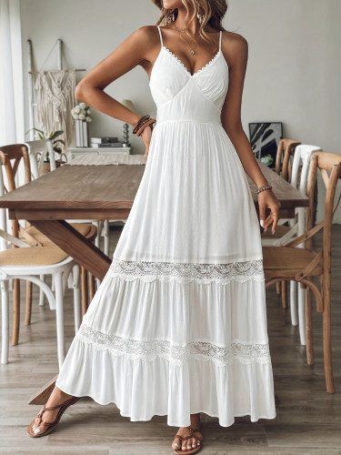Lace Patchwork Dress with Lace Patchwork | Flared Hem | Thin Shoulder Straps | Back Tie