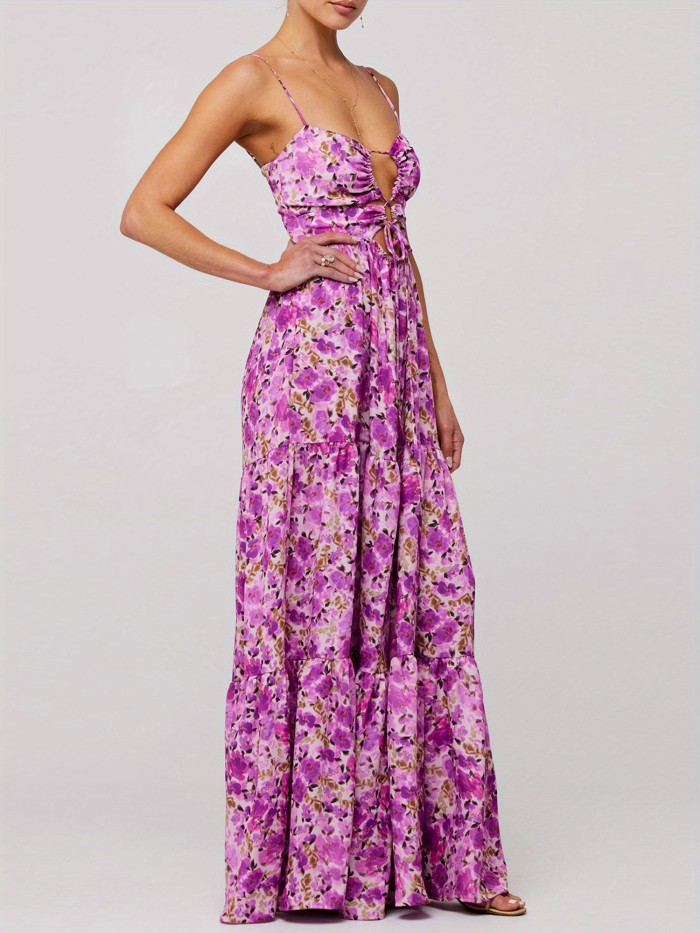 Women'S Long Beach Dress Sleeveless Spaghetti Strap Cross Tie-up Front Floral Print Dress Midi Slip Dress