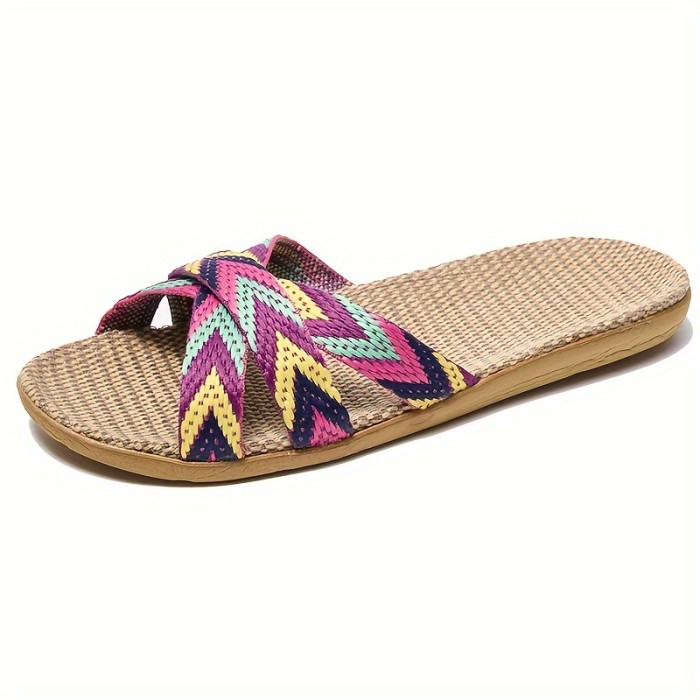 Comfortable Striped Linen Slippers - Women's Summer Fashion Indoor\u002FOutdoor Flats with EVA Sole, 515