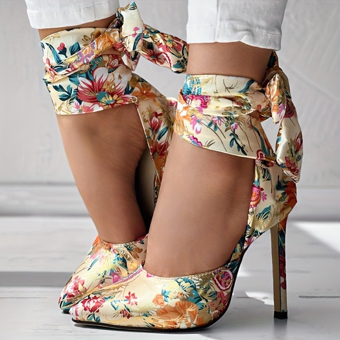 Fashion Floral Printed Satin Stiletto Sandals - Women's Pointed Toe Lace Up D'Orsay High Heels - Party & Dress Pumps