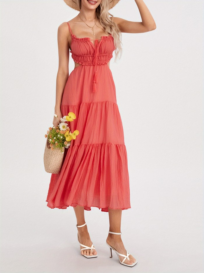 Chic Summer Sleeveless Maxi Dress for Women - Solid Color, Tie-Up Backless Design with Ruffle Hem, Perfect for Parties & Vacations