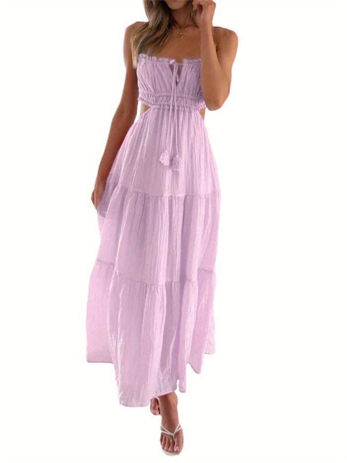 Chic Summer Sleeveless Maxi Dress for Women - Solid Color, Tie-Up Backless Design with Ruffle Hem, Perfect for Parties & Vacations
