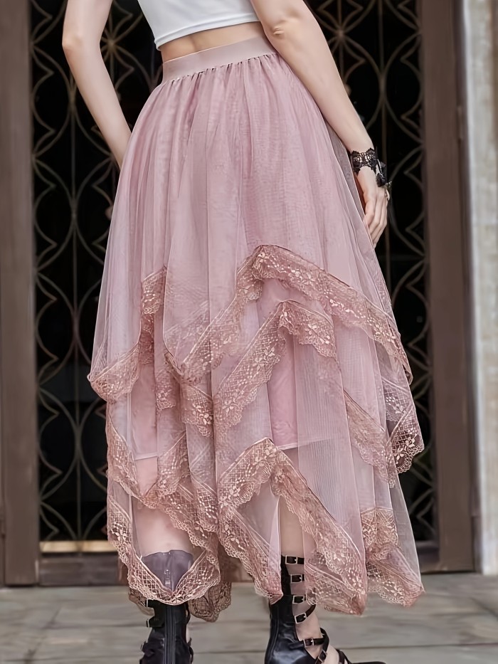 Elegant Women's Tulle Midi Skirt - Light Pink with Floral Lace Detail, Elastic Waistband, Multi-Layer Cake Design, 100% Polyester, Machine Washable - Perfect for Spring & Summer Fashion