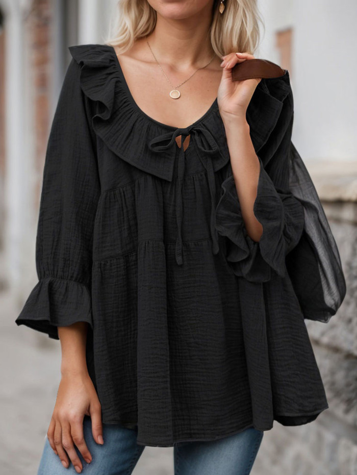 Tooluck Women'S Round Neck 3\u002F4 Long Sleeve Casual Lace-Up Front Ruffled Multi-Layered Loose Belted Shirt