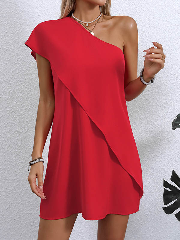 Asymmetric Sequined Solid Color A-line Loose One-shoulder Short Dresses Mini Dresses
