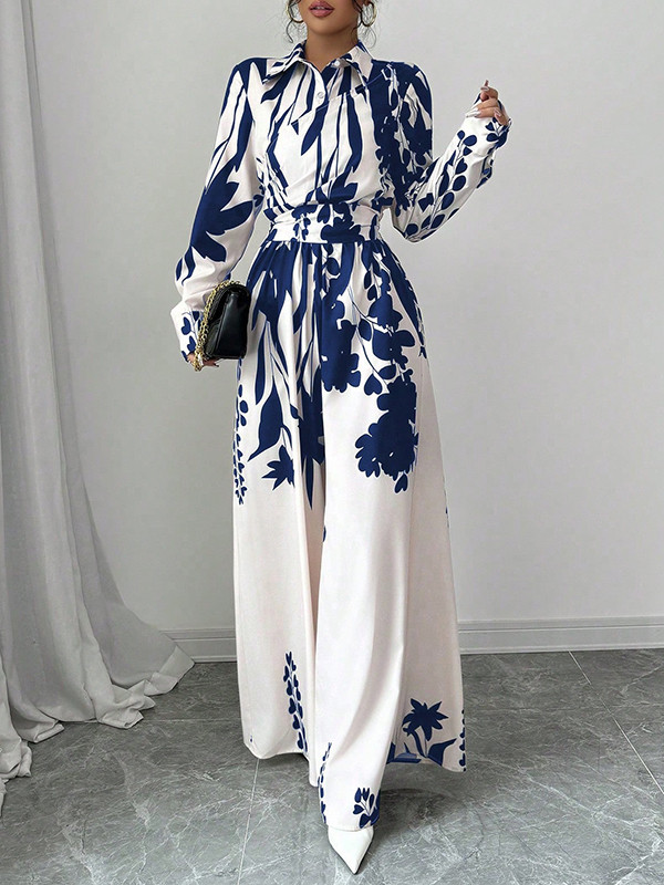 Long Sleeves Loose Floral Printed Split-Joint Tied Waist Lapel Jumpsuits