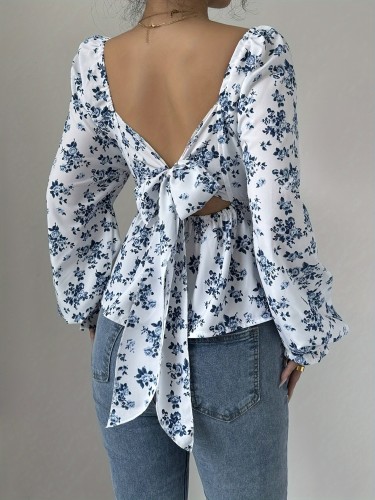 Elegant Floral Print Polyester Blouse - Long Sleeve, Ruched Waist, Puff Sleeves, Square Neck, Adult Size, Woven Fabric, Spring\u002FSummer Fashion Top