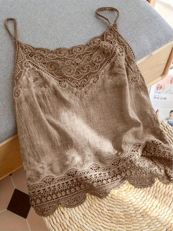 Chic Lace Embroidery V-Neck Cami Top - Breathable Polyester, Semi-Sheer, Perfect for Summer & Beach Outings