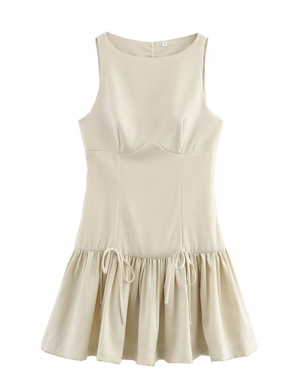 A-Line Loose Pleated Solid Color Split-Joint Zipper Round-Neck Mini Dresses